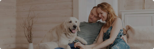 Happy couple petting their golden retriever in Tampa, FL