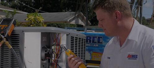 Acree Plumbing, Air & Electric technician performing maintenance and repair on an AC unit