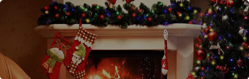 Holiday mantle with Christmas stockings over a fireplace